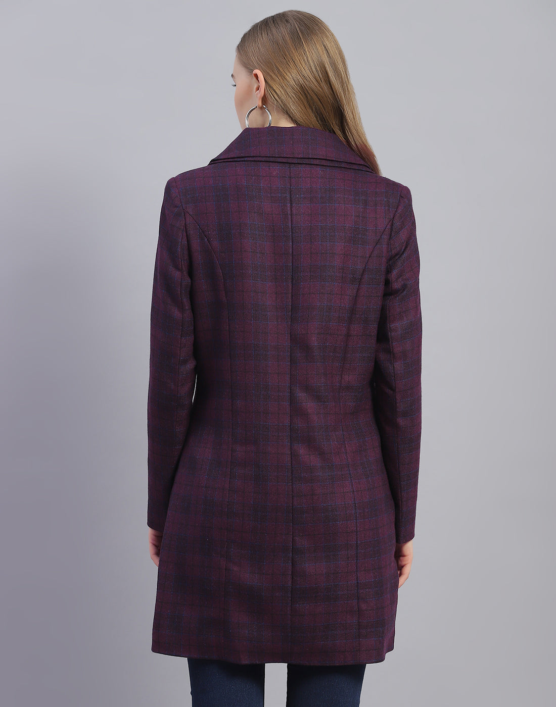 Women Purple Check Collar Full Sleeve Coat