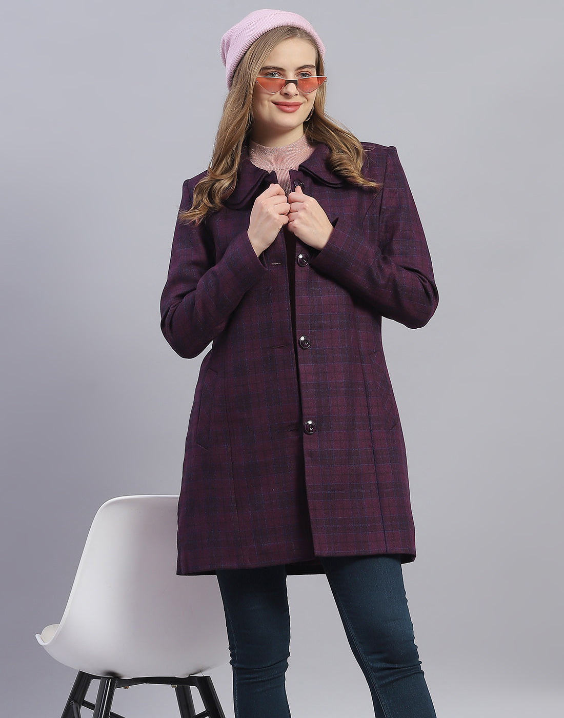 Women Purple Check Collar Full Sleeve Coat