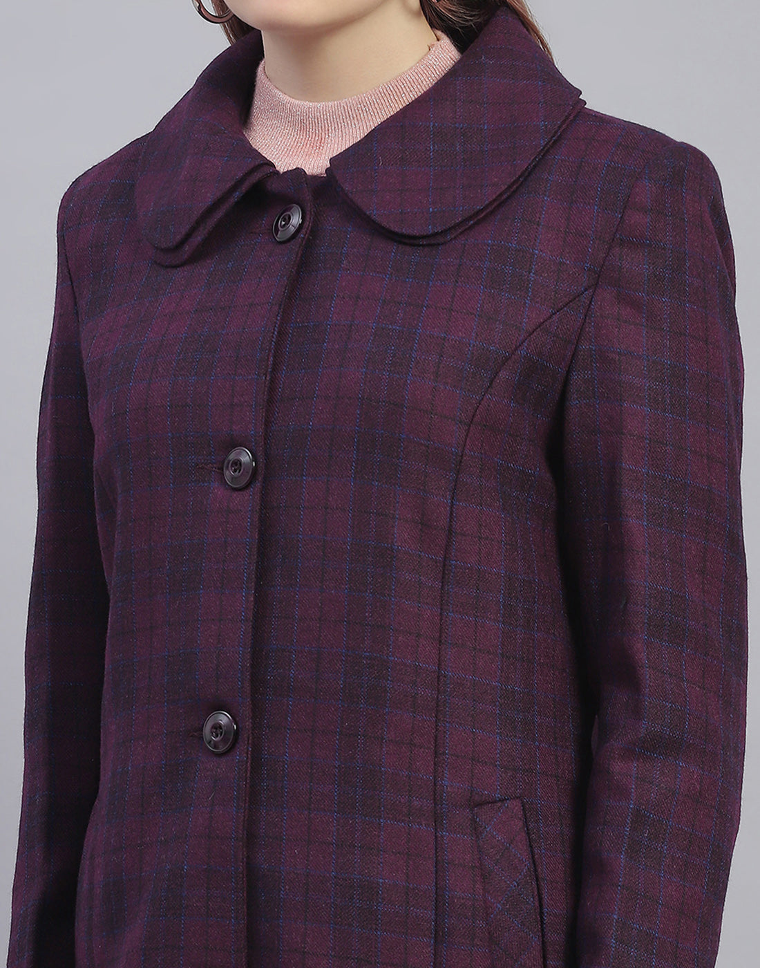 Women Purple Check Collar Full Sleeve Coat