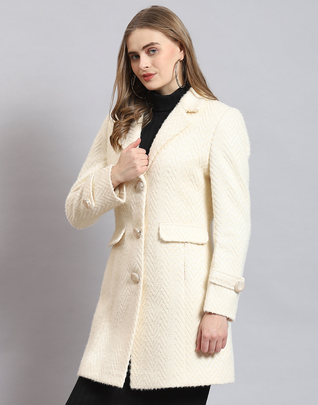 Women Beige Self Design Lapel Collar Full Sleeve Coat