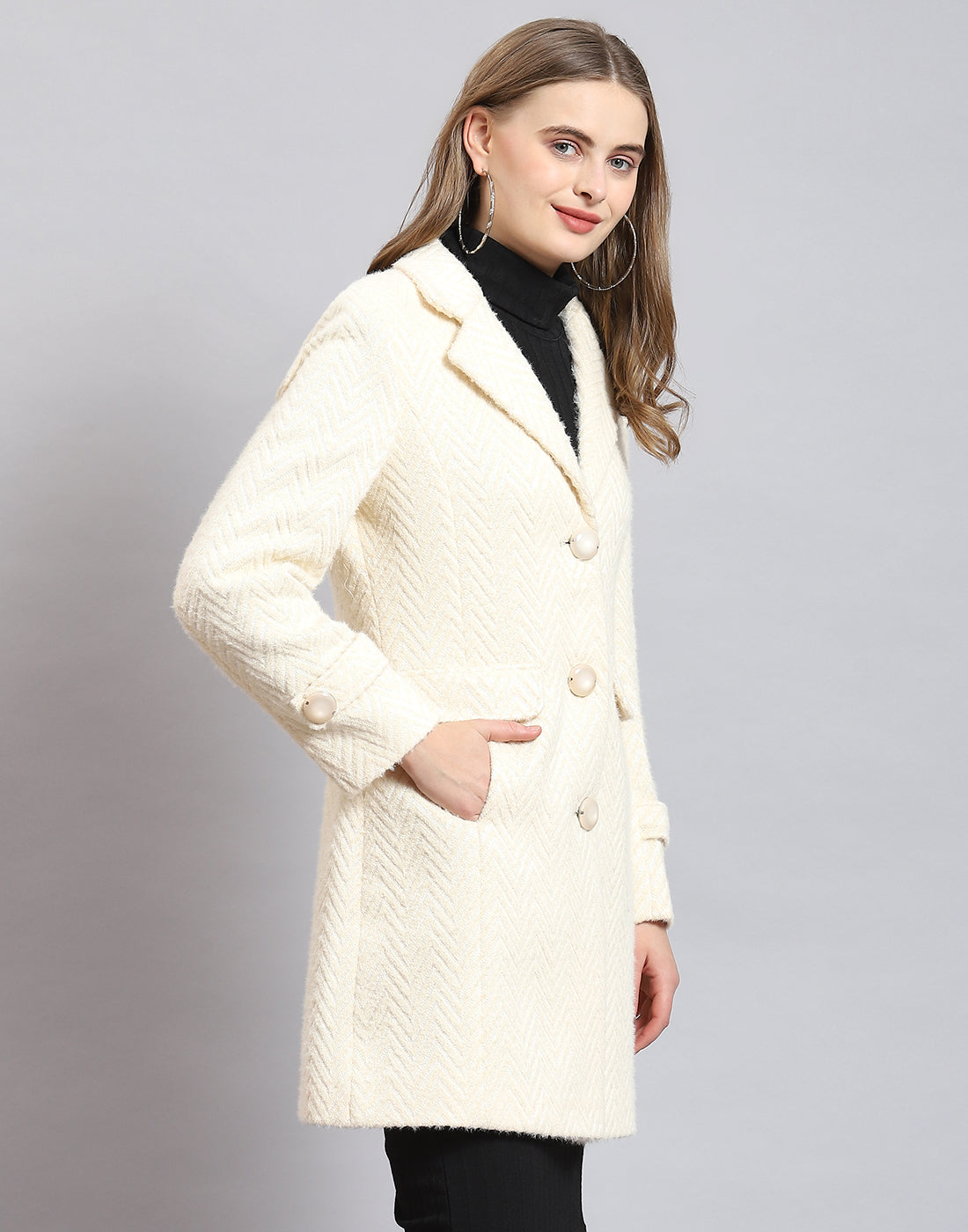 Women Beige Self Design Lapel Collar Full Sleeve Coat