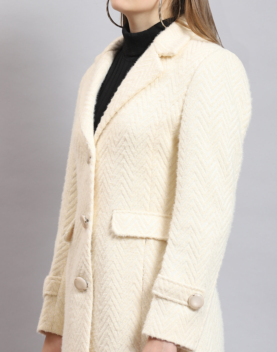 Women Beige Self Design Lapel Collar Full Sleeve Coat