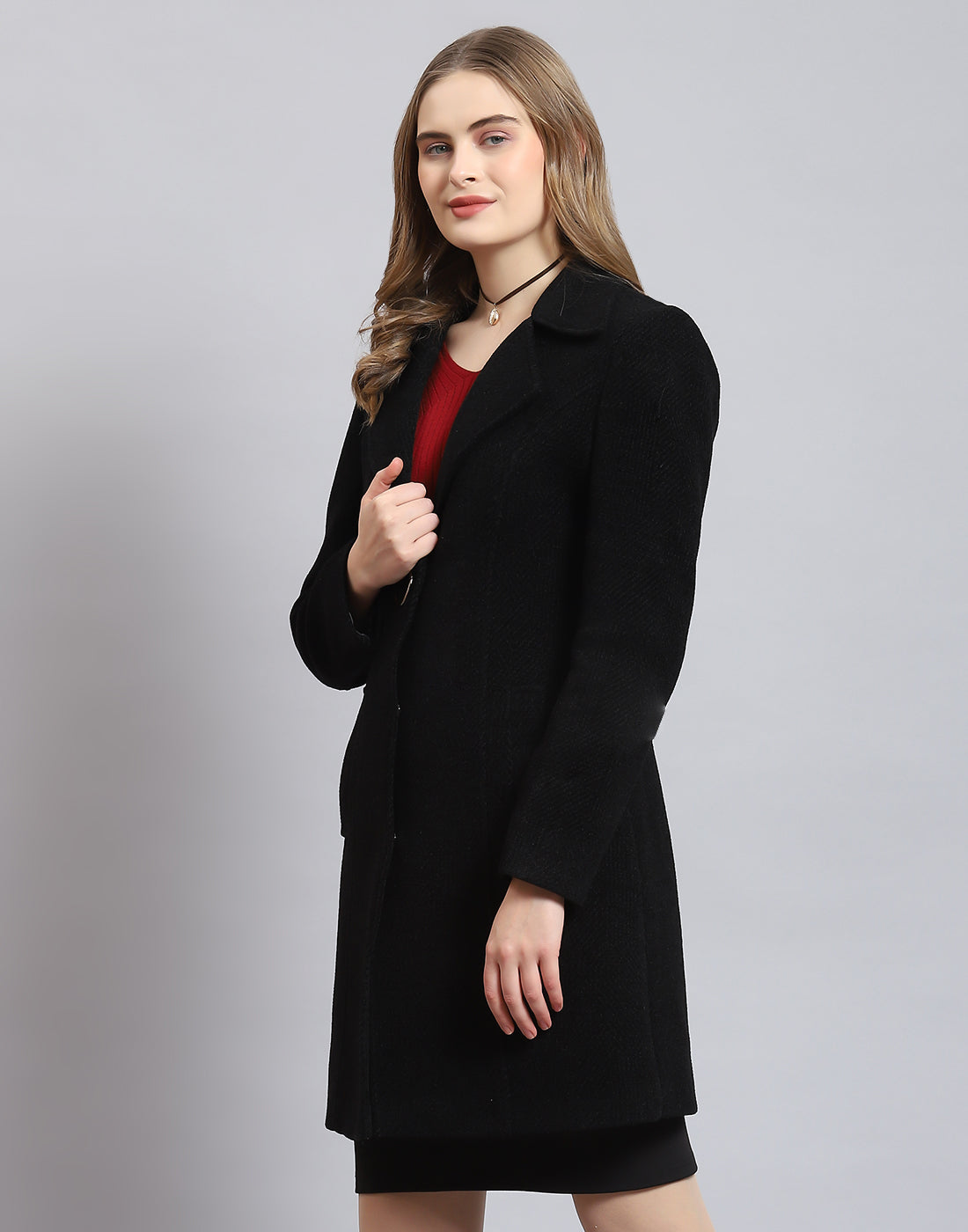 Women Black Solid Lapel Collar Full Sleeve Coat