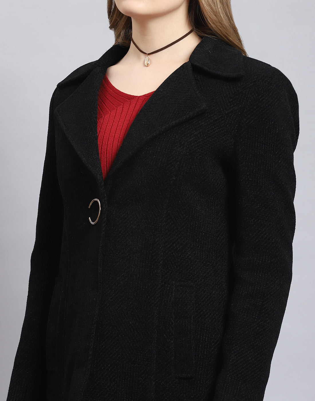 Women Black Solid Lapel Collar Full Sleeve Coat