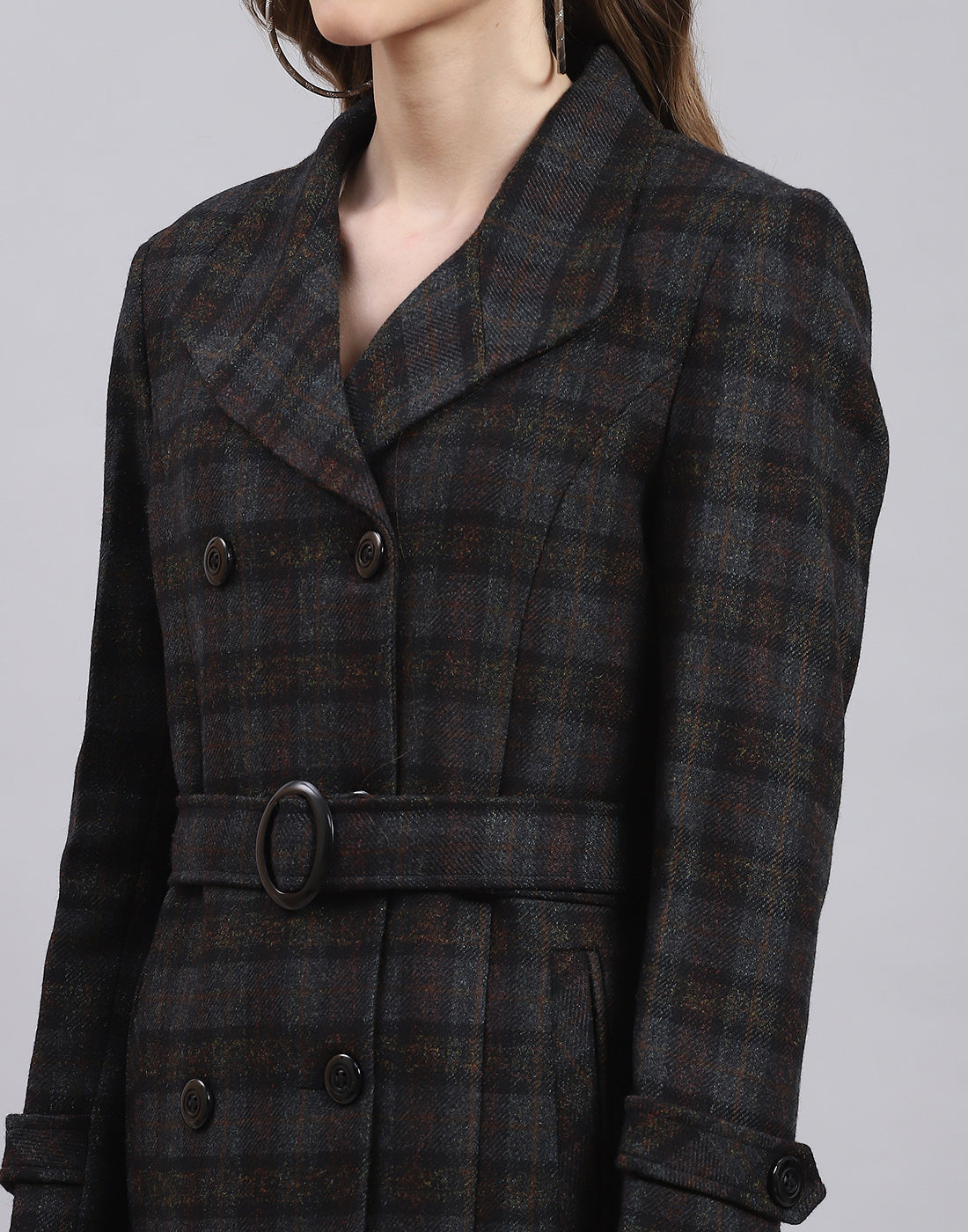 Women Black Check Lapel Collar Full Sleeve Coat