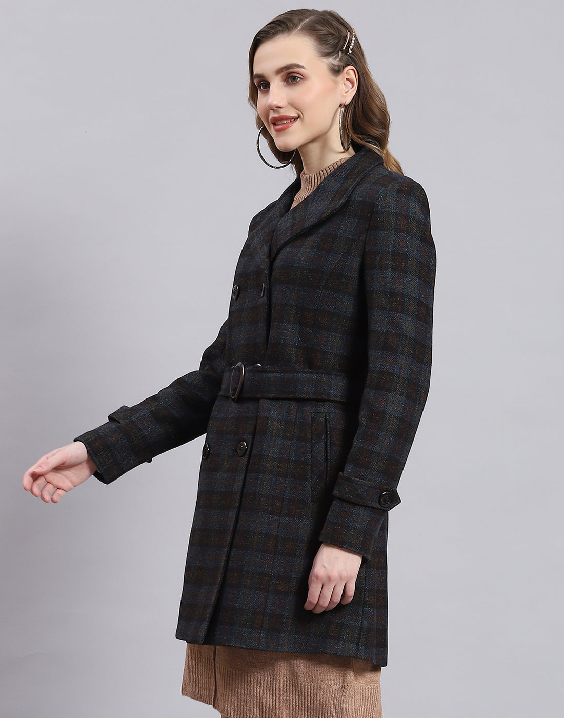 Women Blue Check Collar Full Sleeve Coat