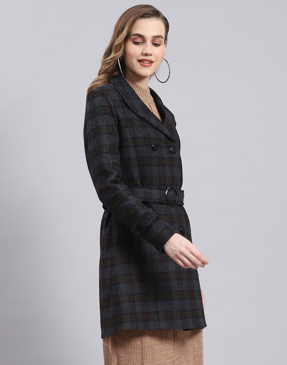 Women Blue Check Collar Full Sleeve Coat