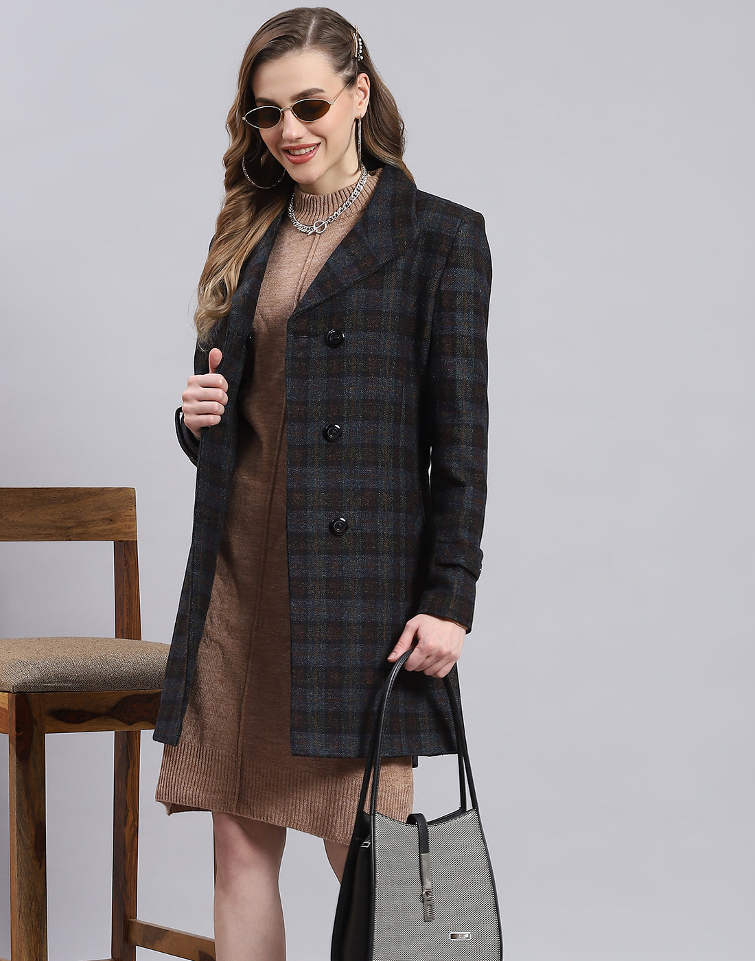 Women Blue Check Collar Full Sleeve Coat