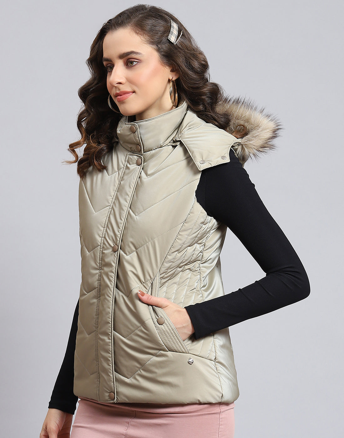 Women Beige Solid Hooded Sleeveless Jacket