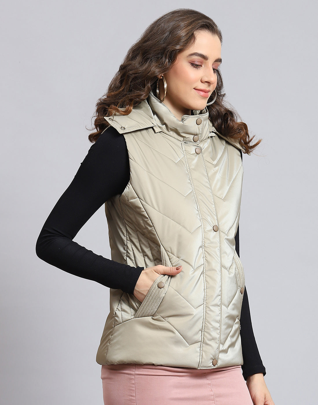 Women Beige Solid Hooded Sleeveless Jacket