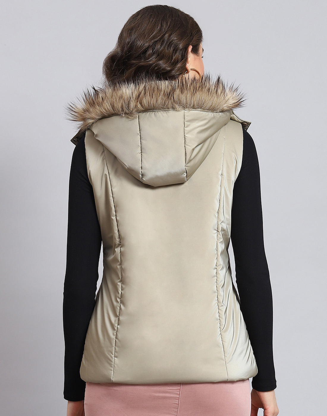 Women Beige Solid Hooded Sleeveless Jacket