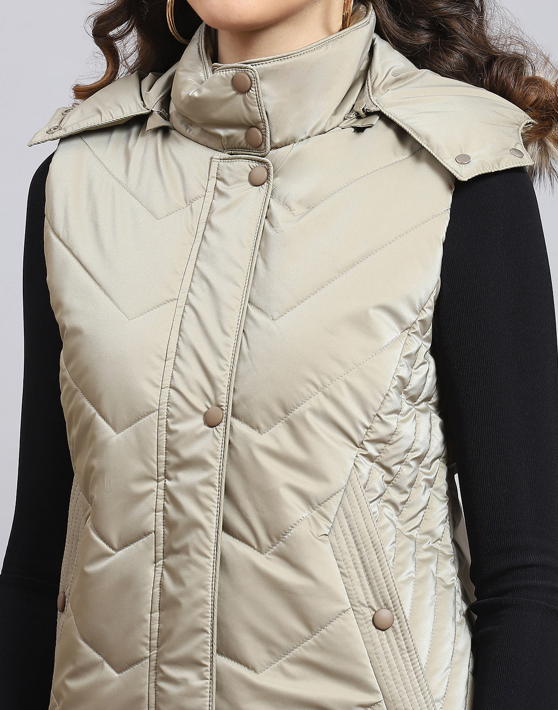 Women Beige Solid Hooded Sleeveless Jacket