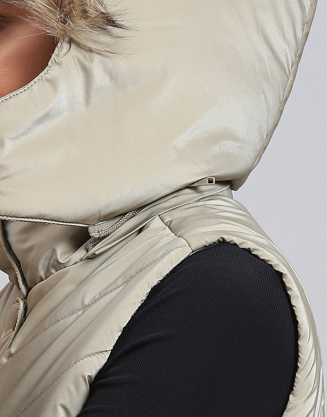 Women Beige Solid Hooded Sleeveless Jacket