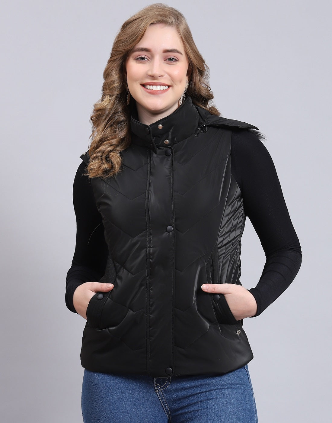 Women Black Printed Hooded Sleeveless Jacket