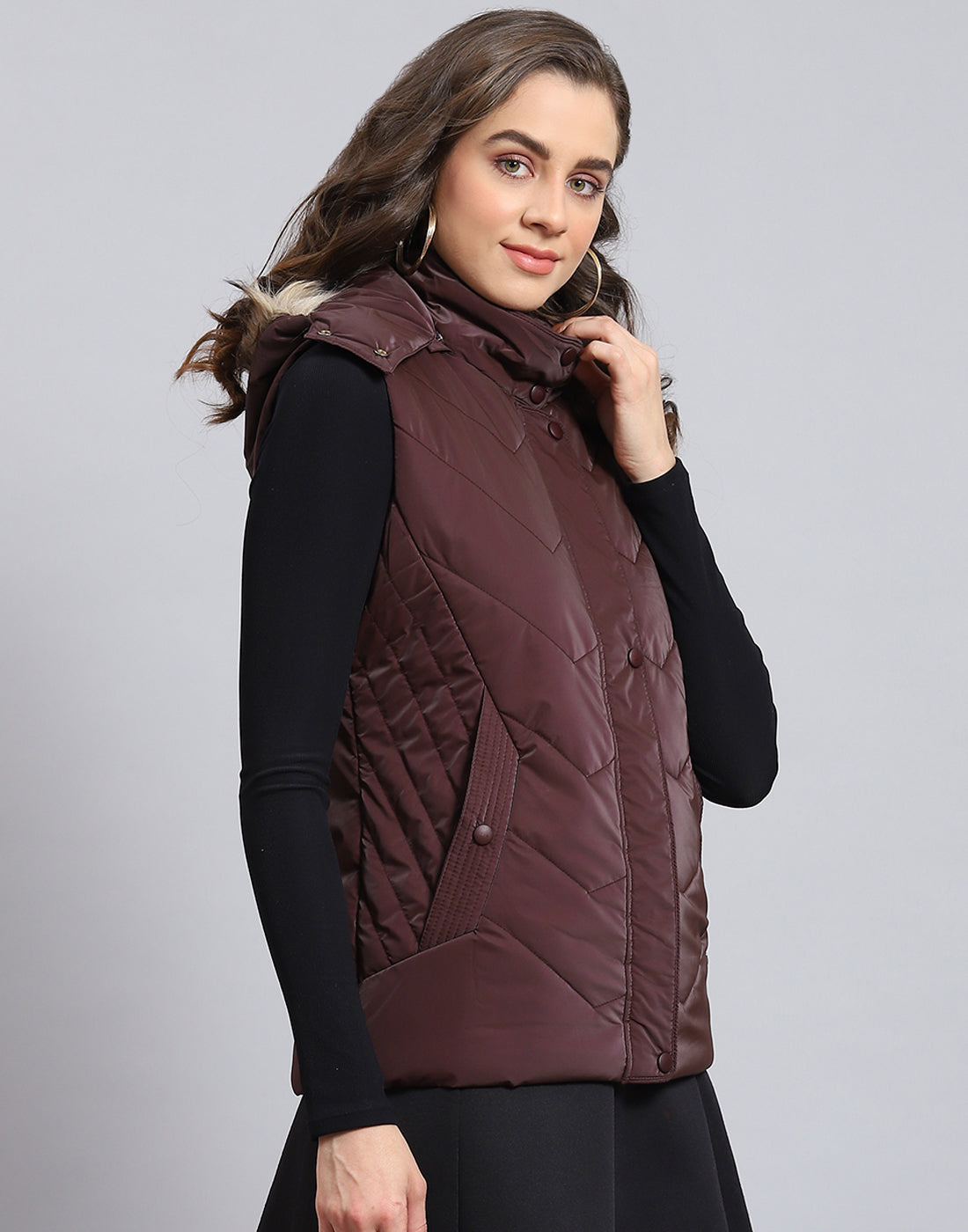 Women Maroon Solid Hooded Sleeveless Jacket