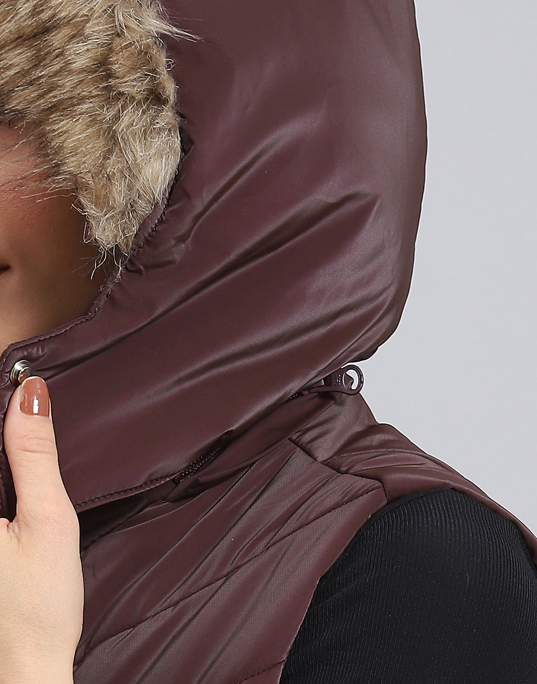 Women Maroon Solid Hooded Sleeveless Jacket