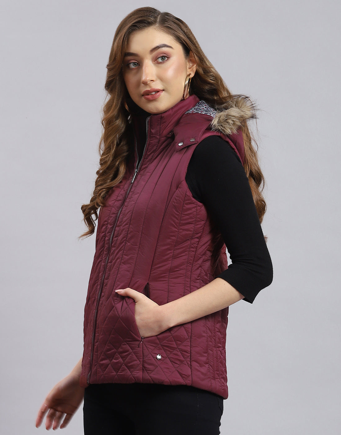 Women Maroon Solid Hooded Sleeveless Jacket