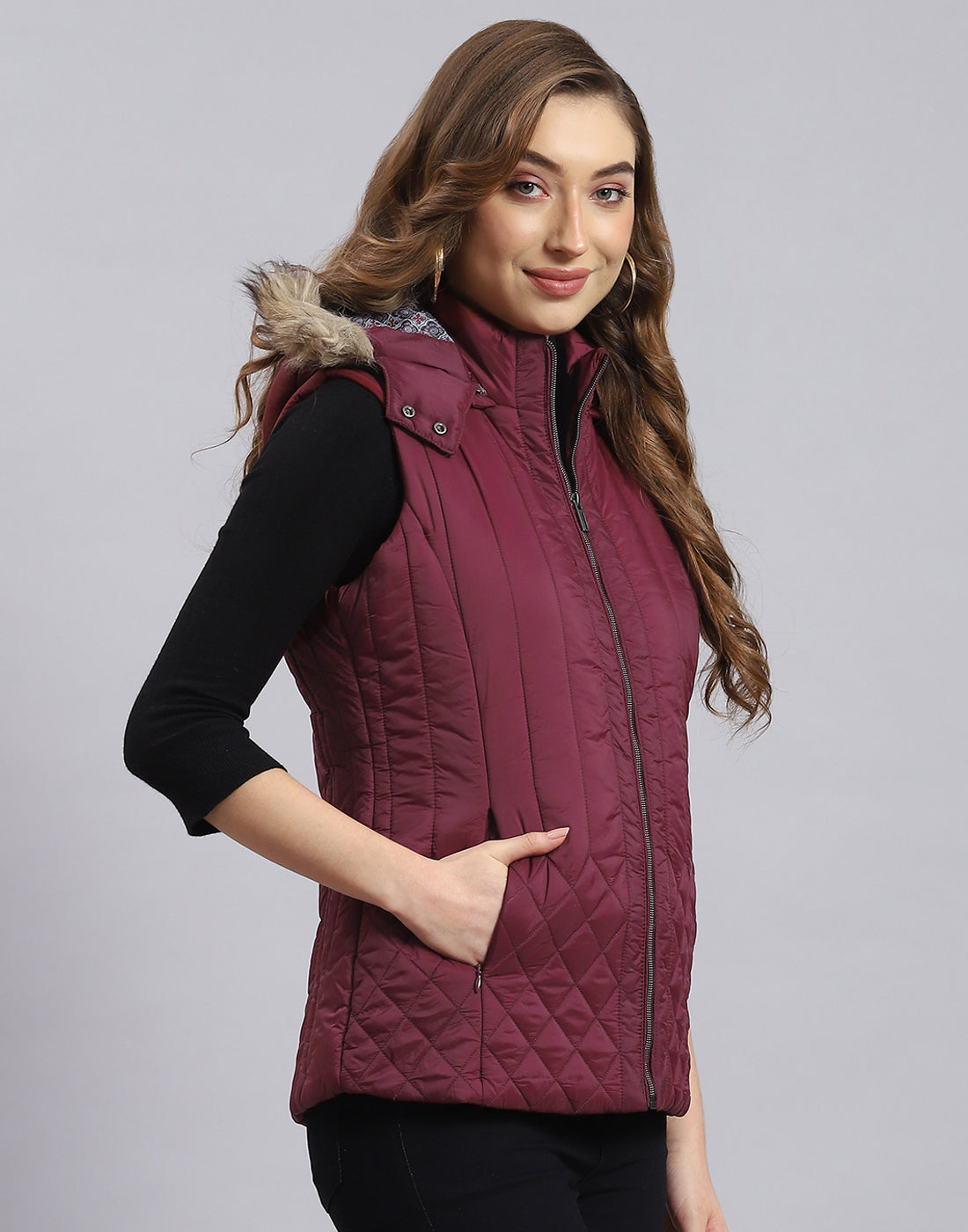 Women Maroon Solid Hooded Sleeveless Jacket