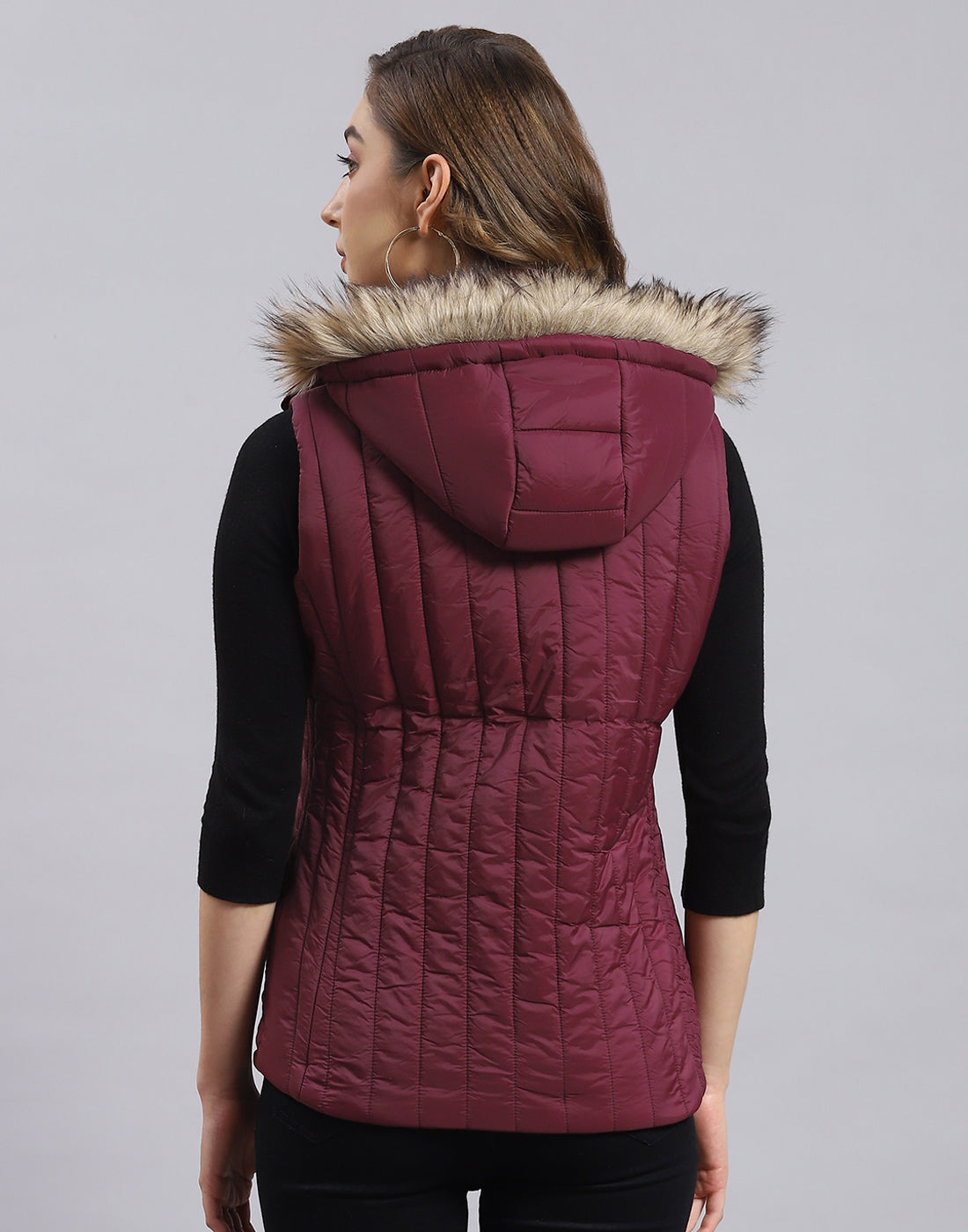 Women Maroon Solid Hooded Sleeveless Jacket