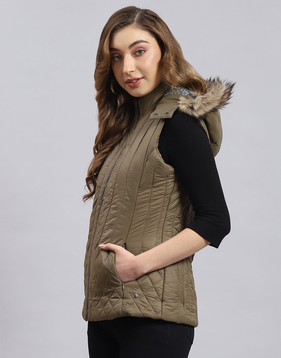 Women Olive Solid Hooded Sleeveless Jacket