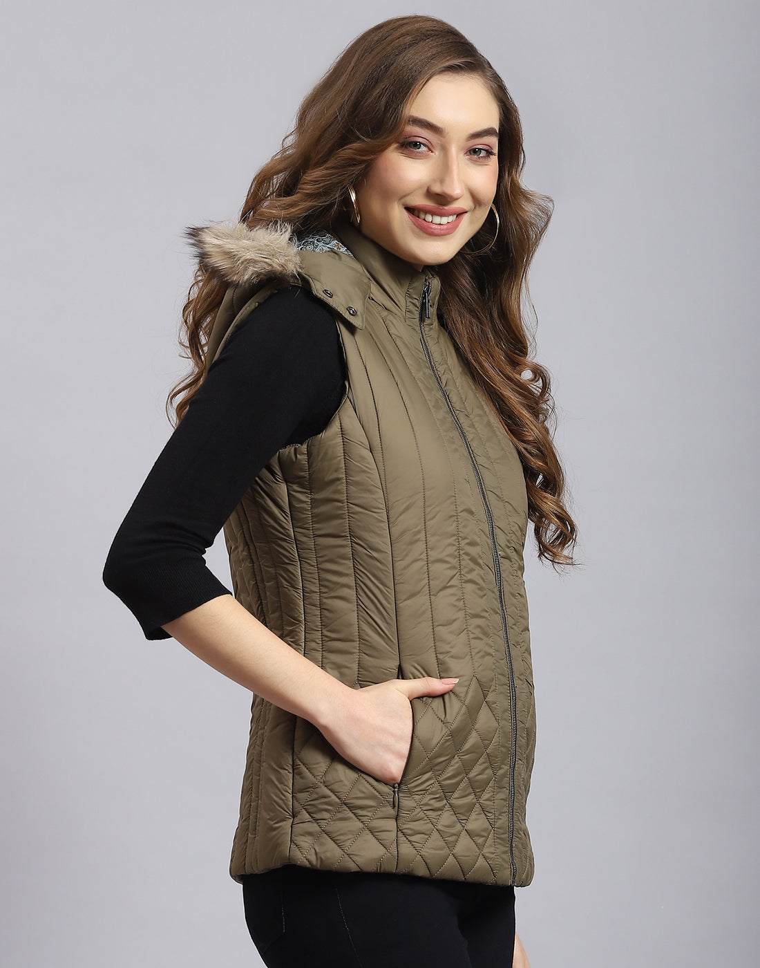 Women Olive Solid Hooded Sleeveless Jacket