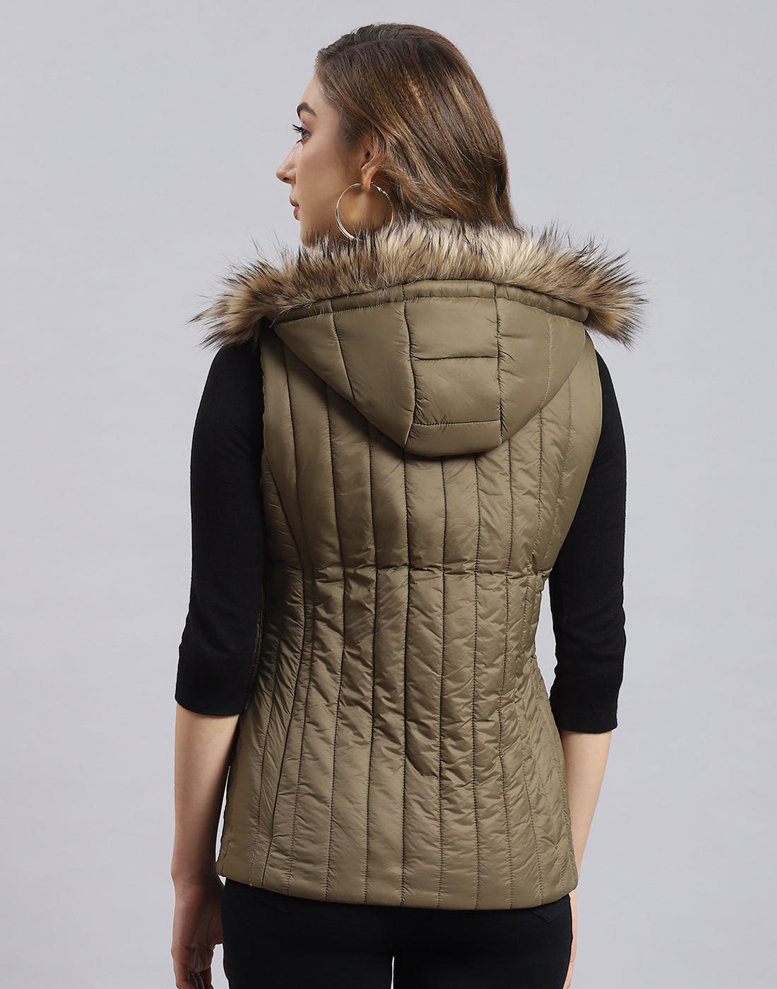 Women Olive Solid Hooded Sleeveless Jacket