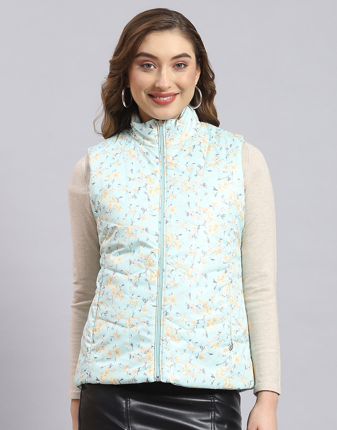 Women Turquoise Blue Printed Stand Collar Sleeveless Jacket