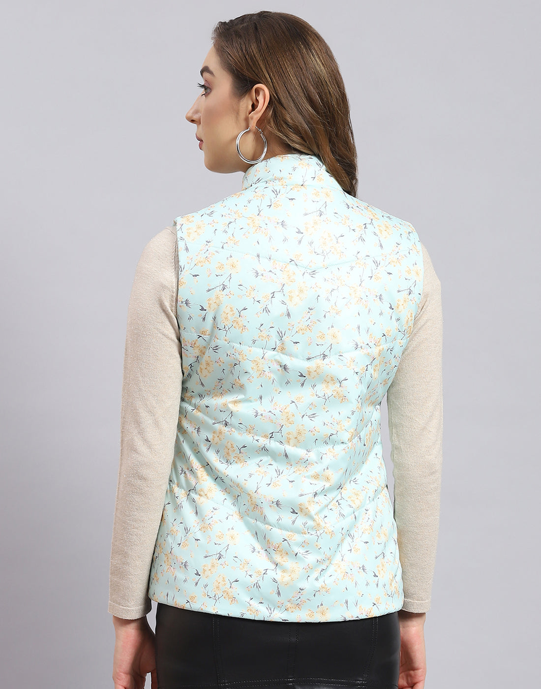 Women Turquoise Blue Printed Stand Collar Sleeveless Jacket