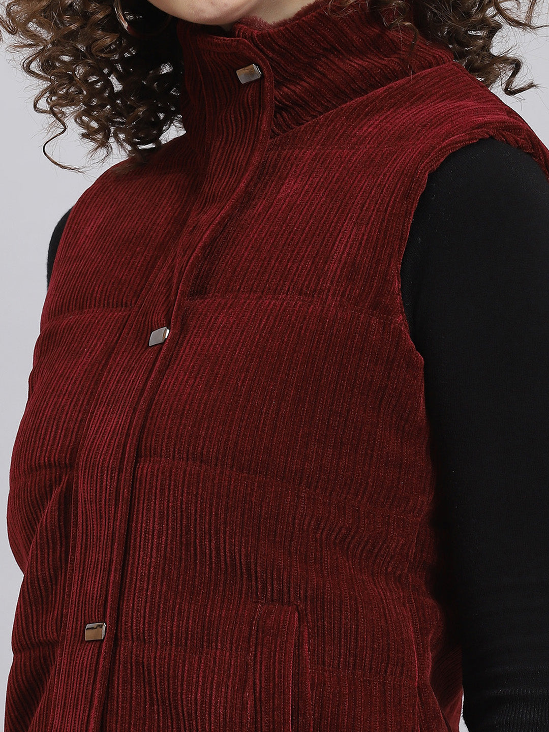 Women Maroon Solid Stand Collar Sleeveless Jacket