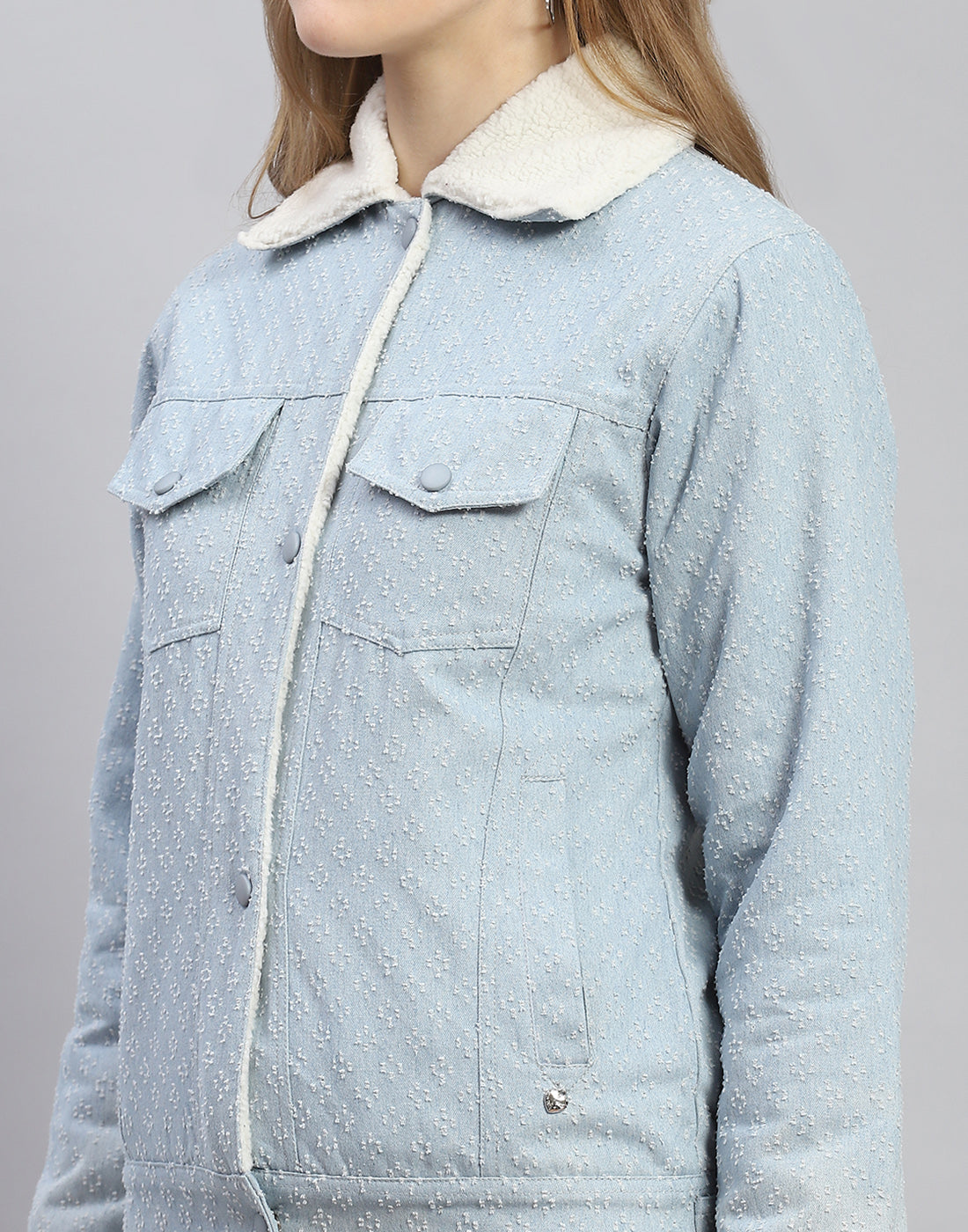 Women Blue Self Design Collar Full Sleeve Jacket