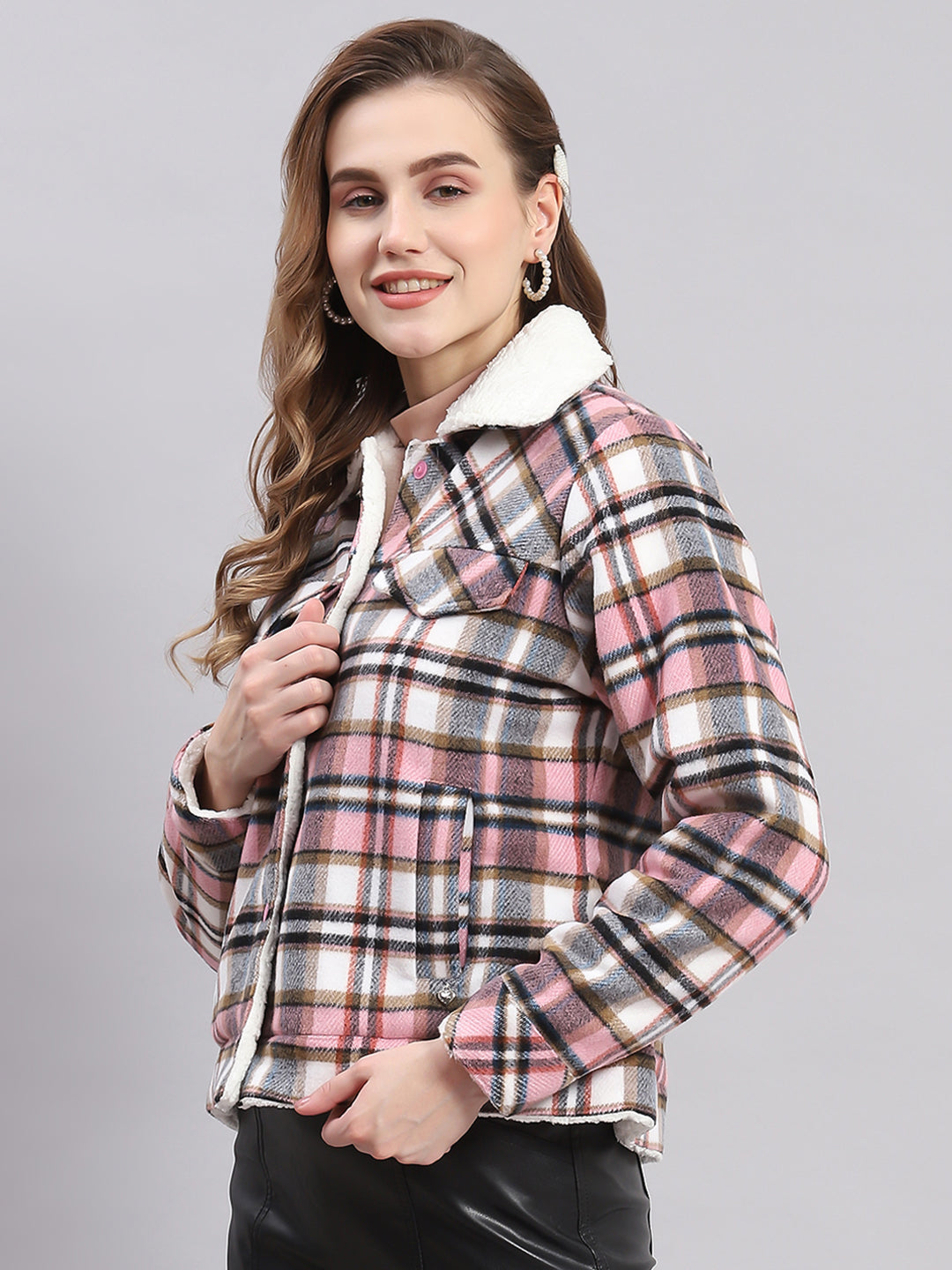 Women Pink Check Spread Collar Full Sleeve Jackets