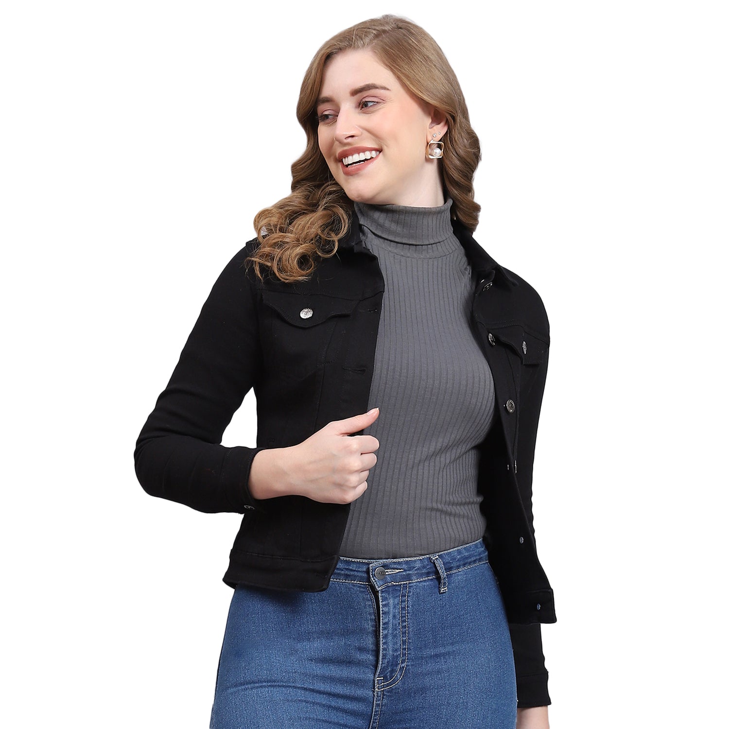 Women Black Solid Collar Full Sleeve Jacket