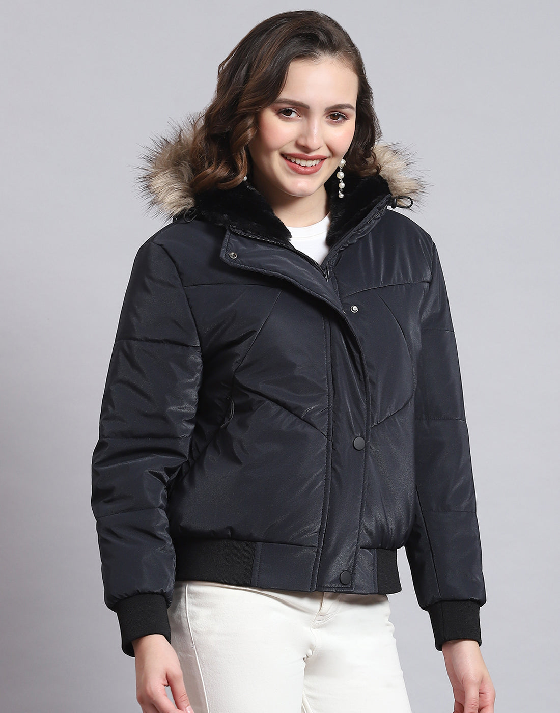 Women Navy Blue Solid Hooded Full Sleeve Jacket