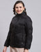 Women Black Solid Stand Collar Full Sleeve Jacket