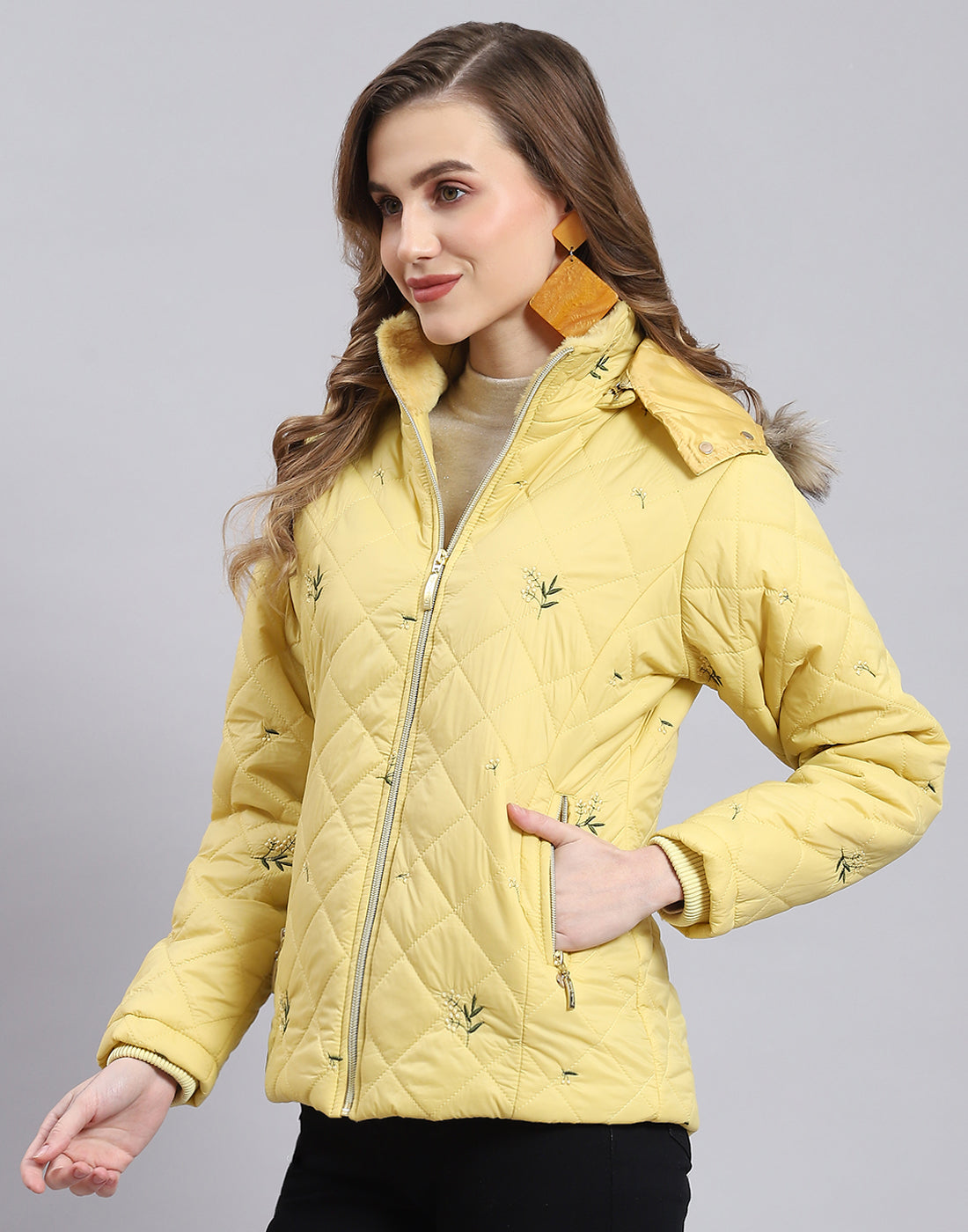 Women Yellow Embroidered Hooded Full Sleeve Jacket