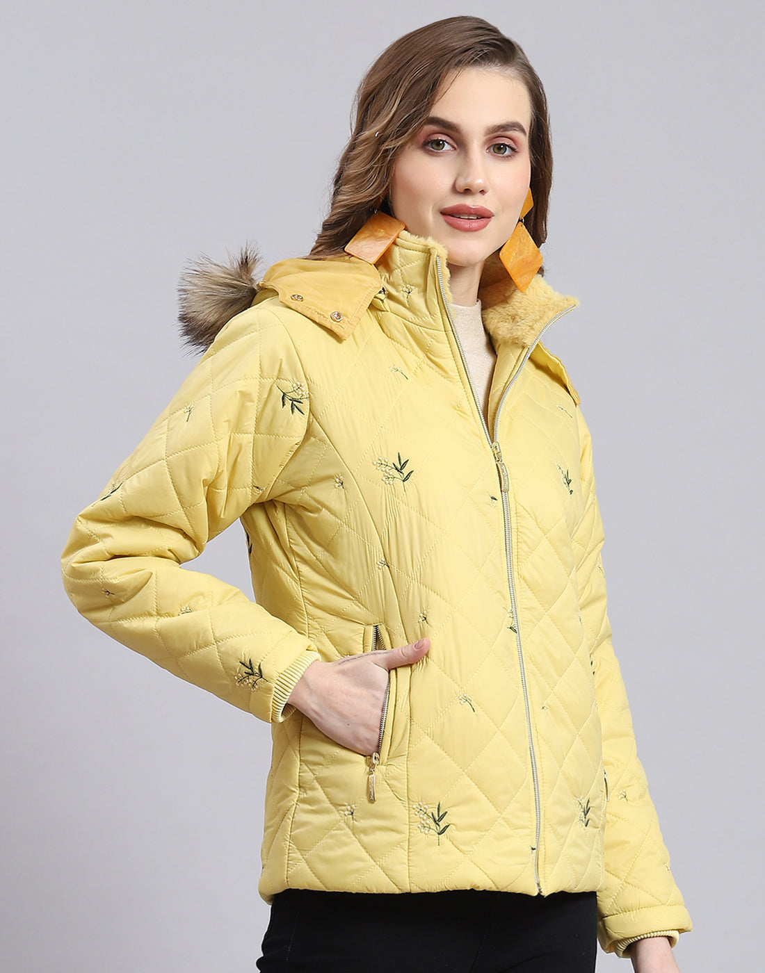 Women Yellow Embroidered Hooded Full Sleeve Jacket