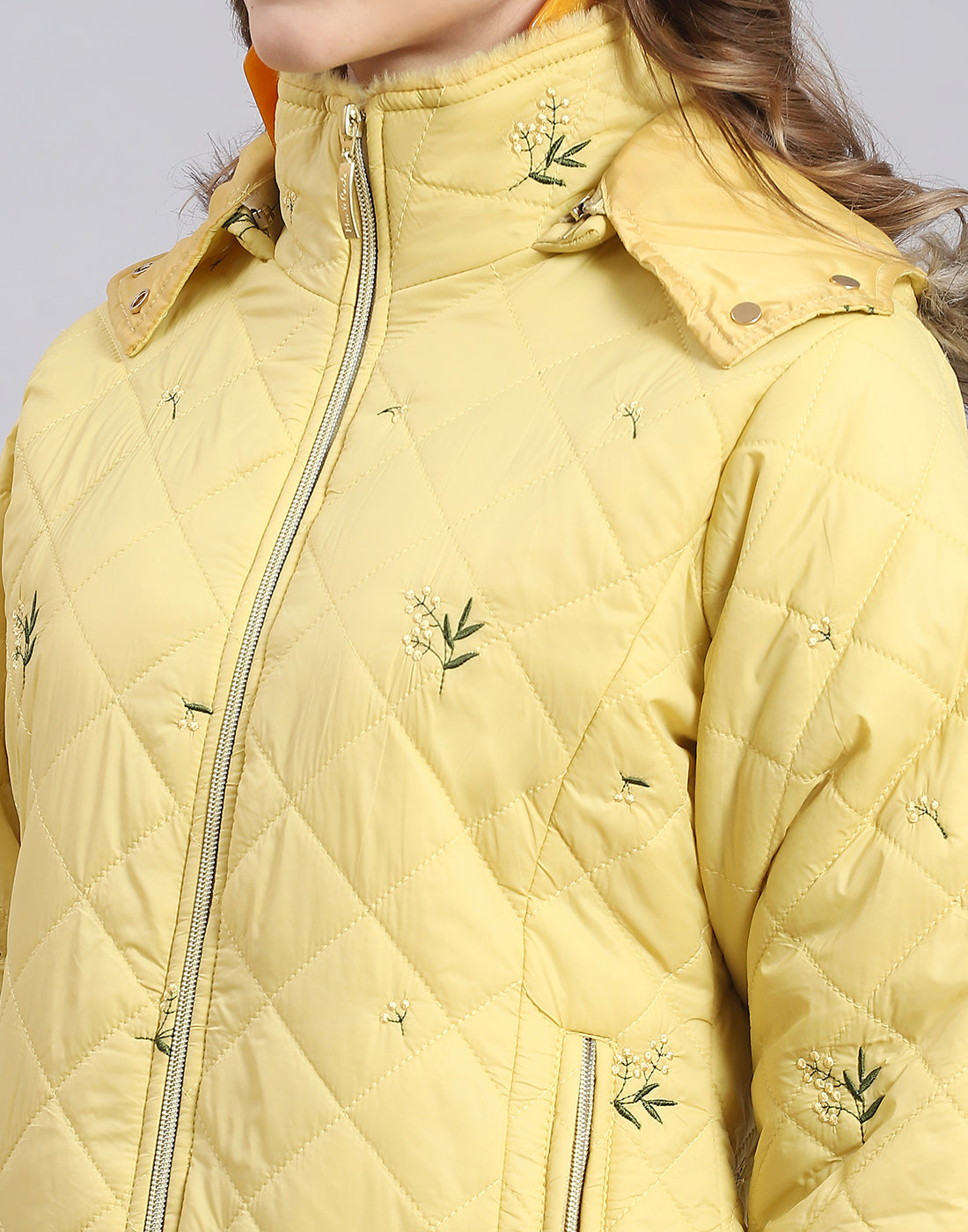 Women Yellow Embroidered Hooded Full Sleeve Jacket