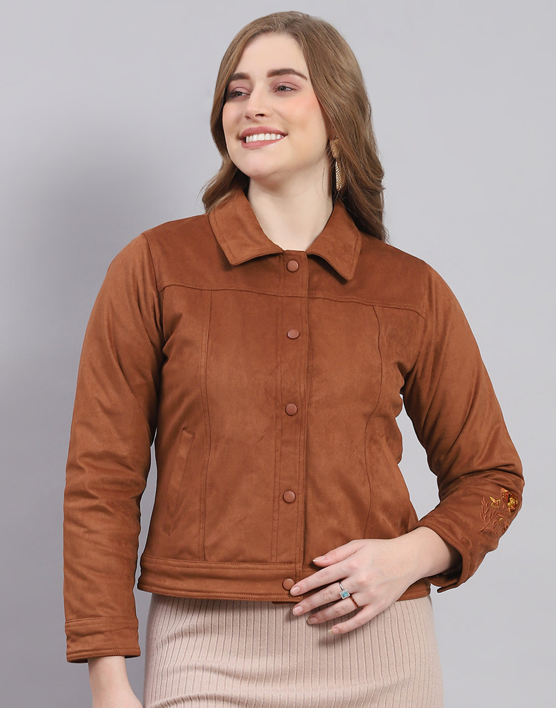 Women Brown Solid Stand Collar Full Sleeve Jacket