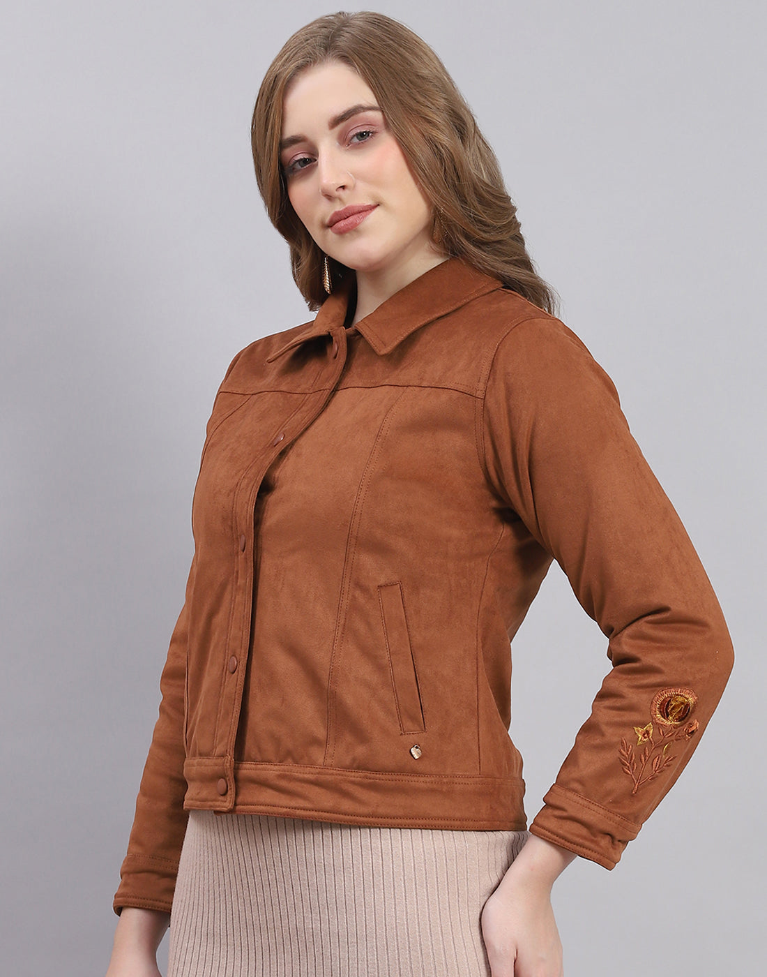 Women Brown Solid Stand Collar Full Sleeve Jacket