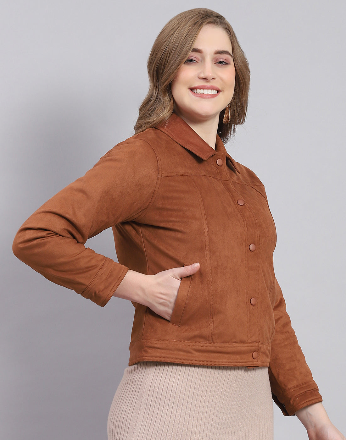 Women Brown Solid Stand Collar Full Sleeve Jacket