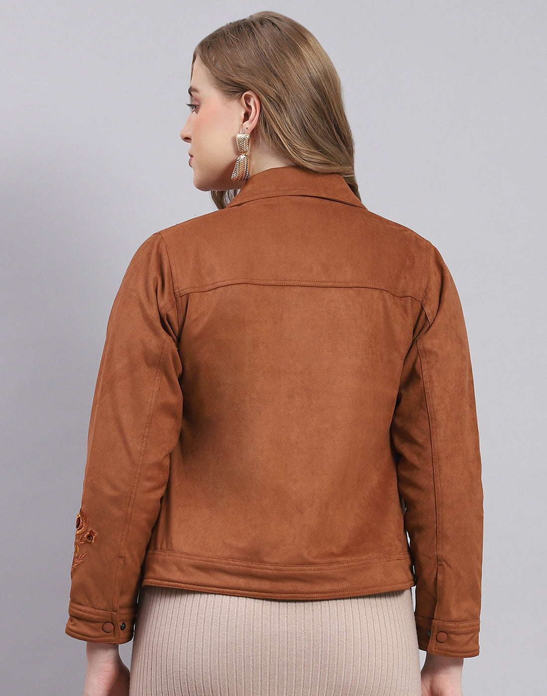 Women Brown Solid Stand Collar Full Sleeve Jacket