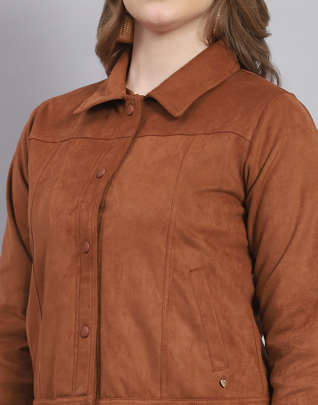 Women Brown Solid Stand Collar Full Sleeve Jacket