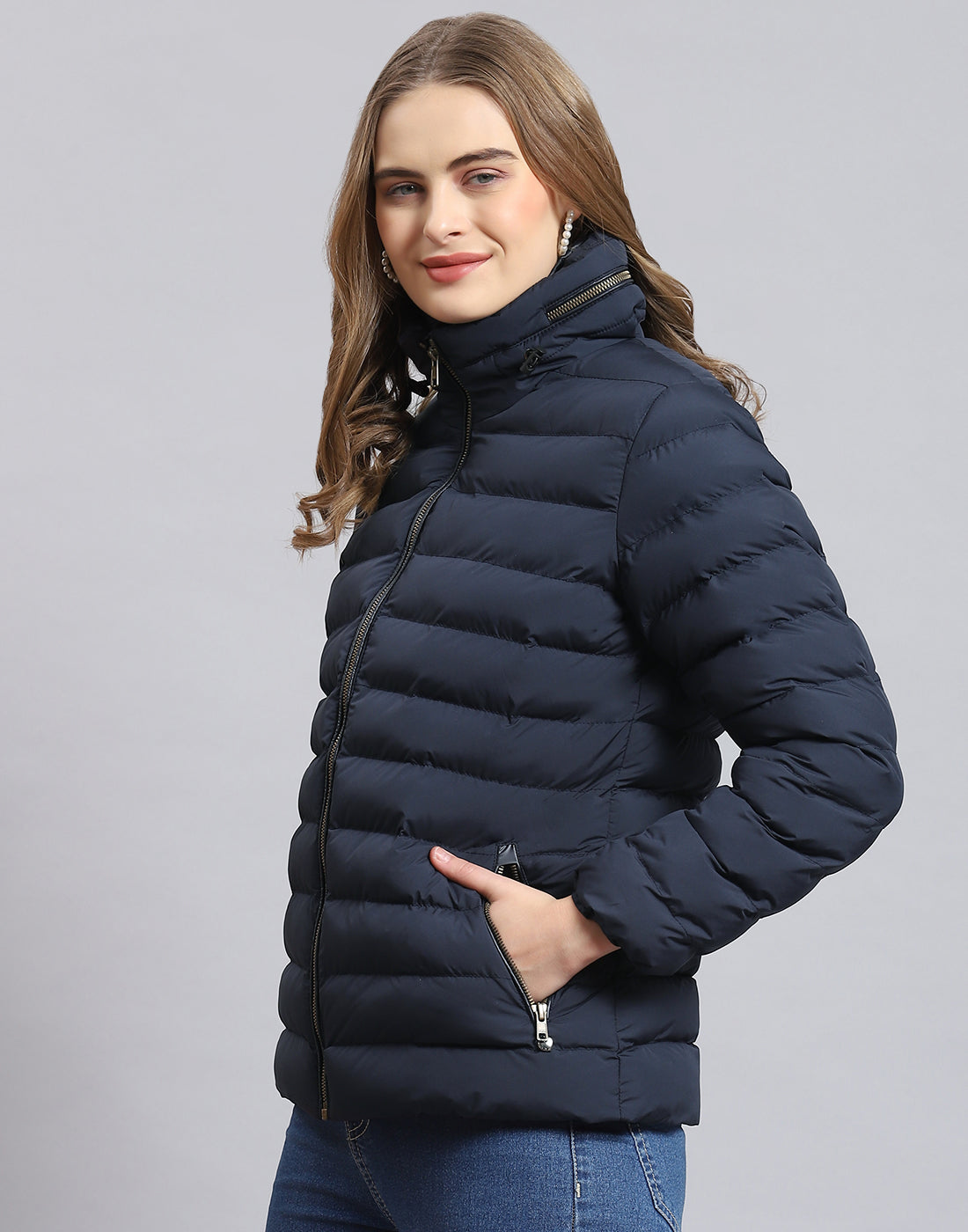 Women Navy Blue Solid Stand Collar Full Sleeve Jacket