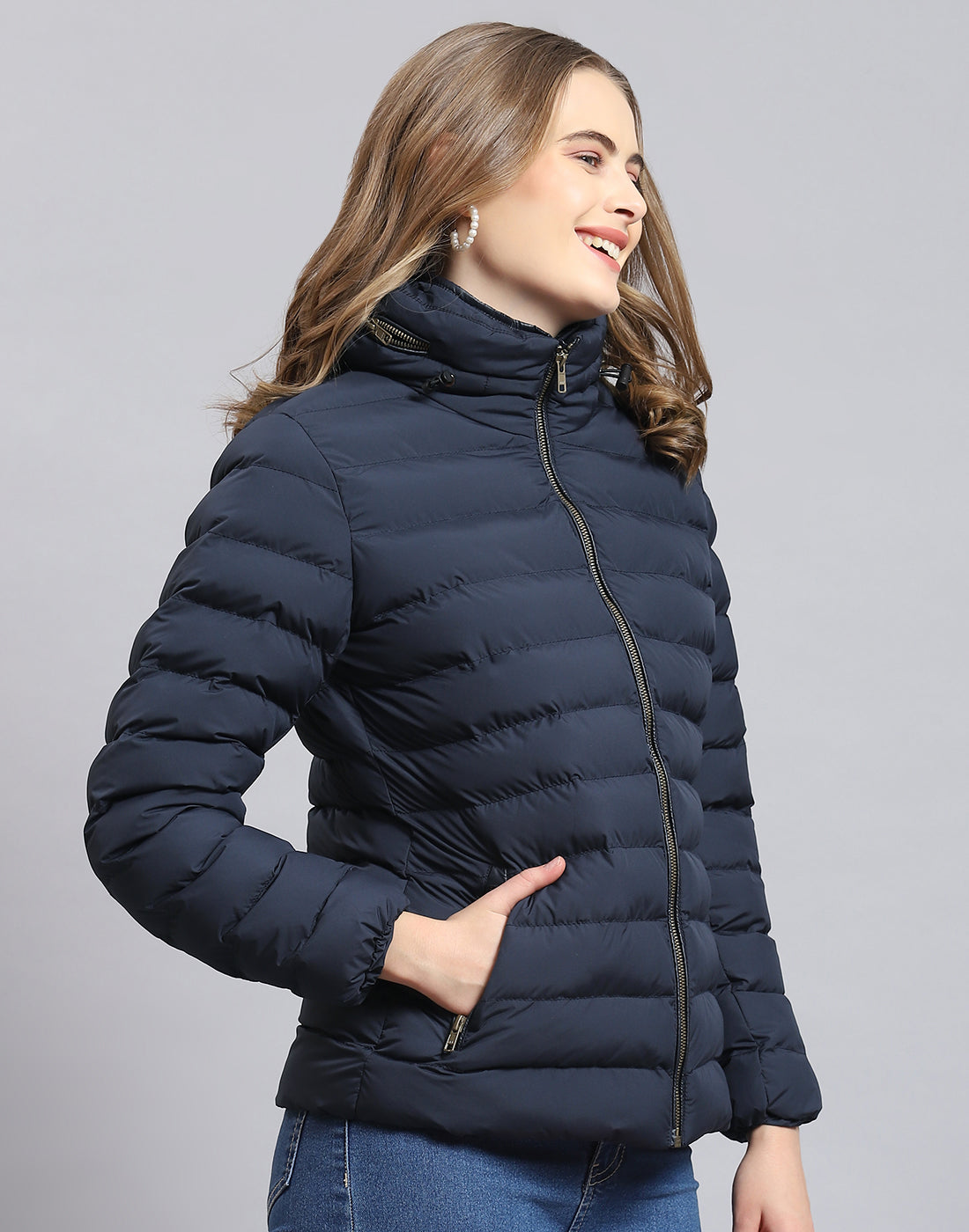 Women Navy Blue Solid Stand Collar Full Sleeve Jacket