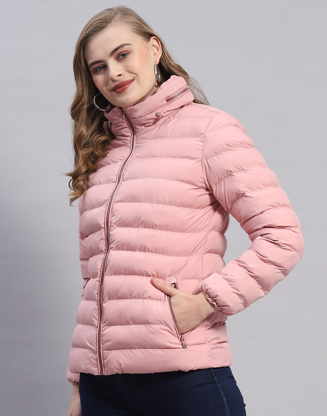 Women Pink Solid H Neck Full Sleeve Jacket