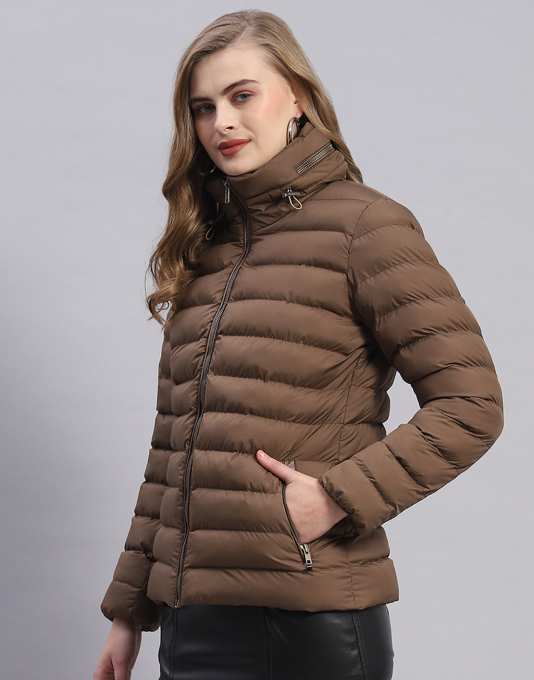 Women Brown Solid H Neck Full Sleeve Jacket