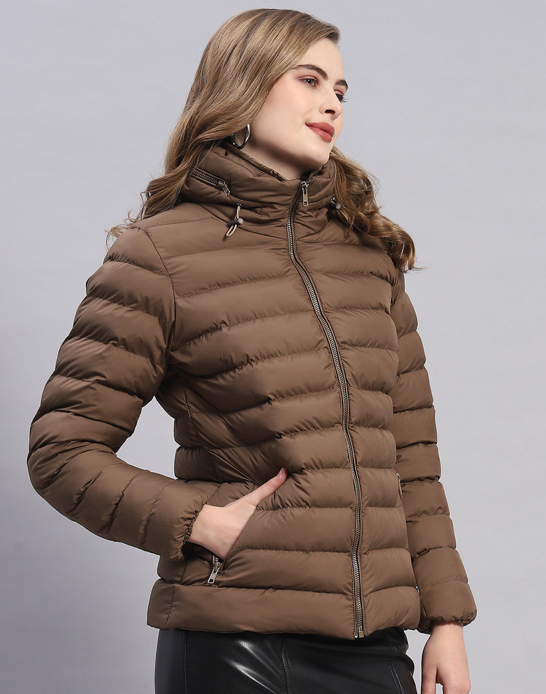 Women Brown Solid H Neck Full Sleeve Jacket