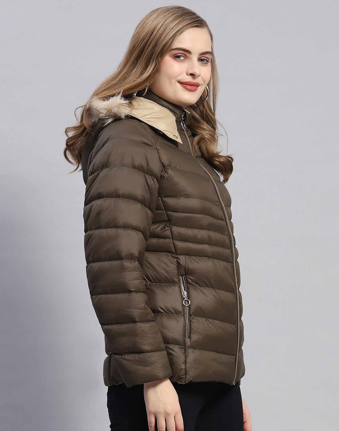 Women Olive Solid Hooded Full Sleeve Jacket