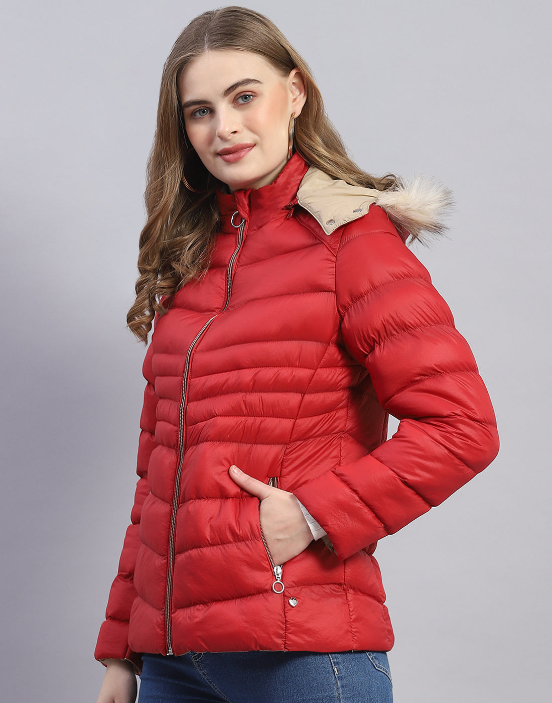 Women Red Solid Hooded Full Sleeve Jacket