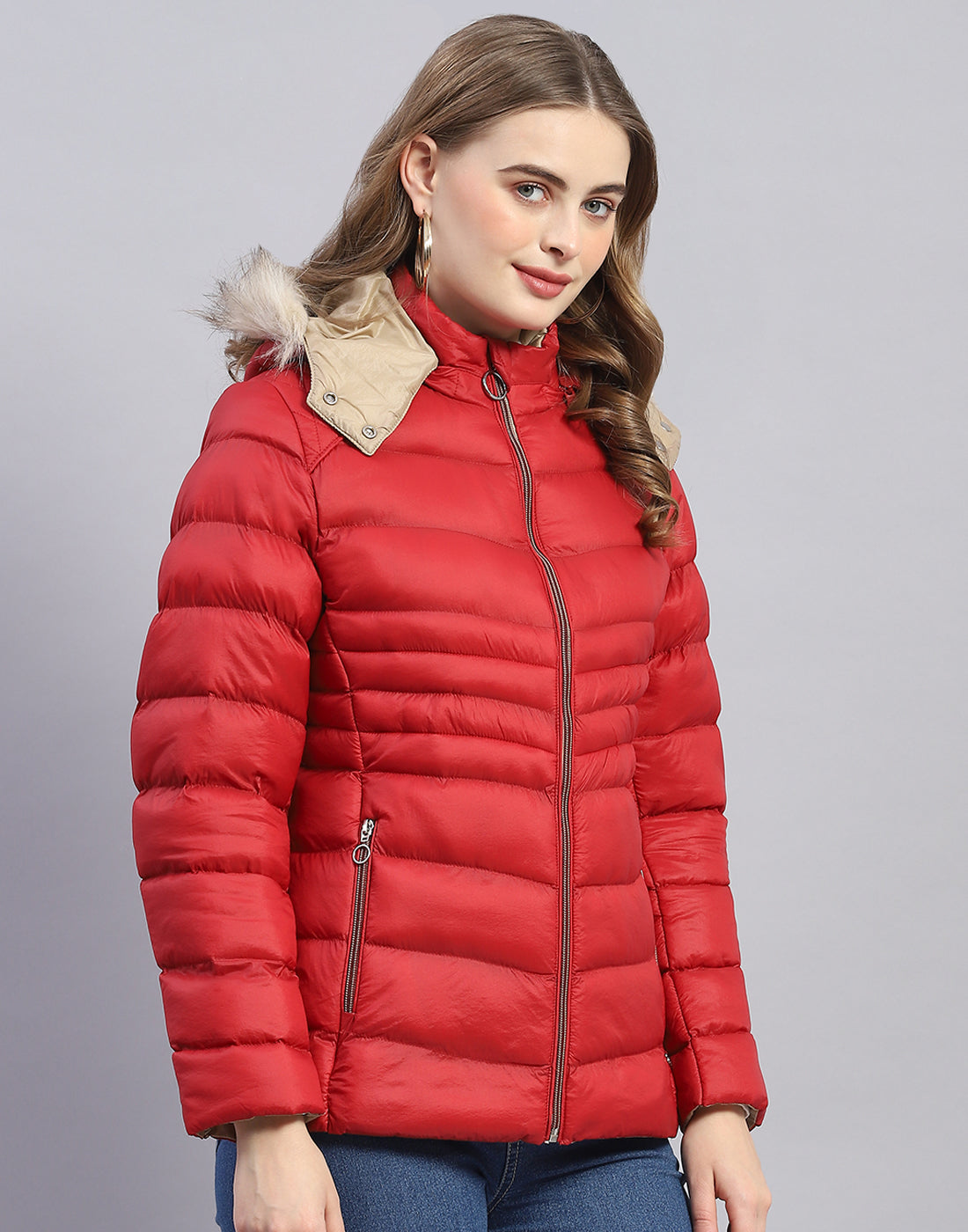 Women Red Solid Hooded Full Sleeve Jacket